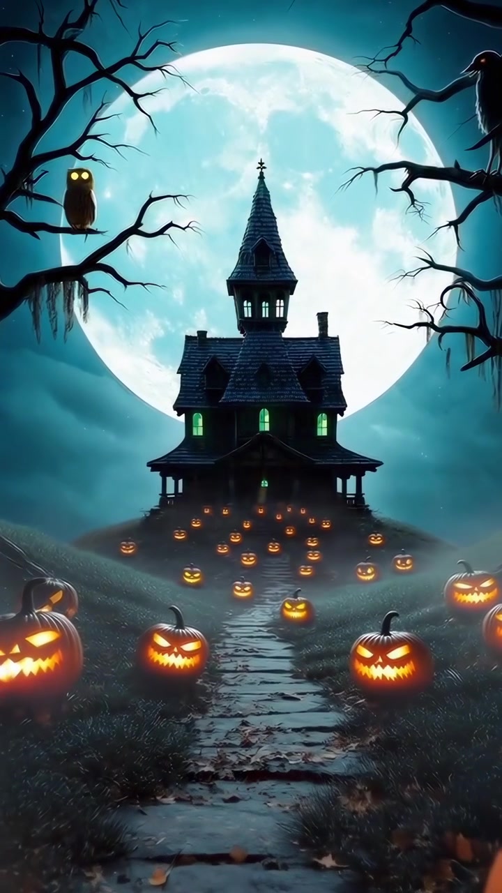 Casa stregata inquietante con zucche intagliate luminose nella notte di Halloween