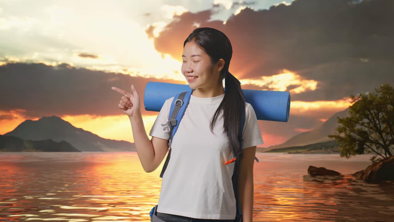 해가 지는 동안 산책하는 행복한 여자