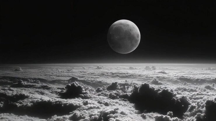 Vista Monocromática da Lua Cheia Sobre Paisagem de Nuvens à Noite