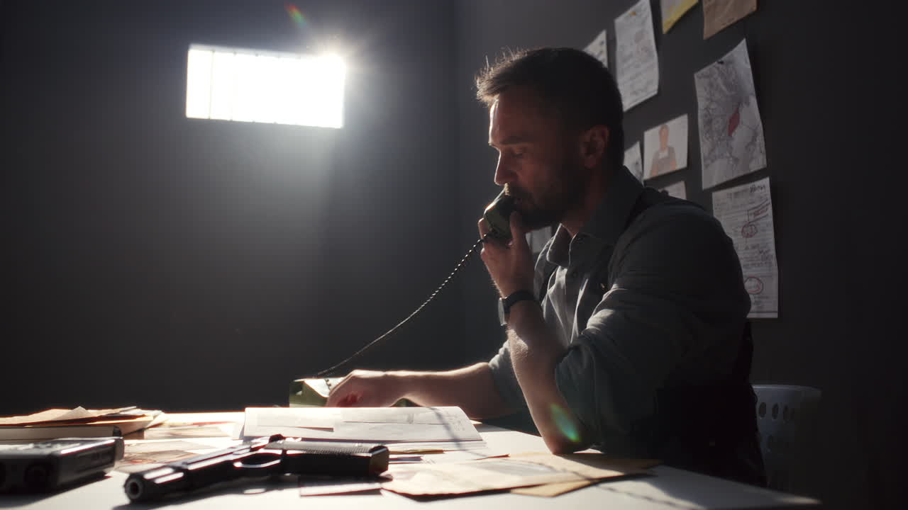 Agente che parla al telefono e prende appunti durante un'indagine penale.
