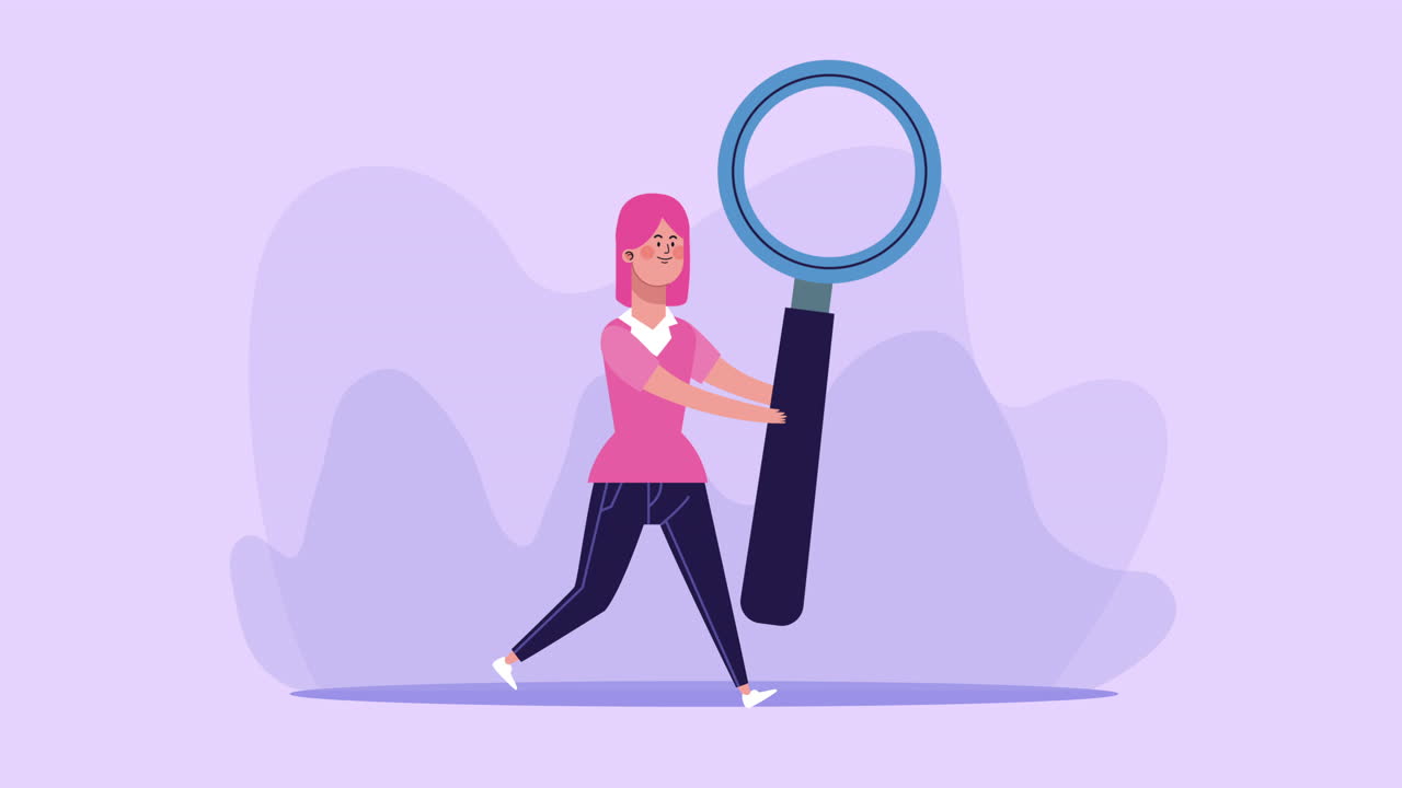 businesswoman lifting magnifying glass character animated