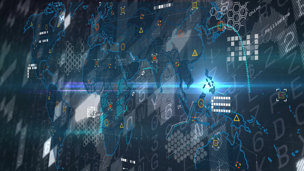 Animation of digital world map showing network connections and data processing