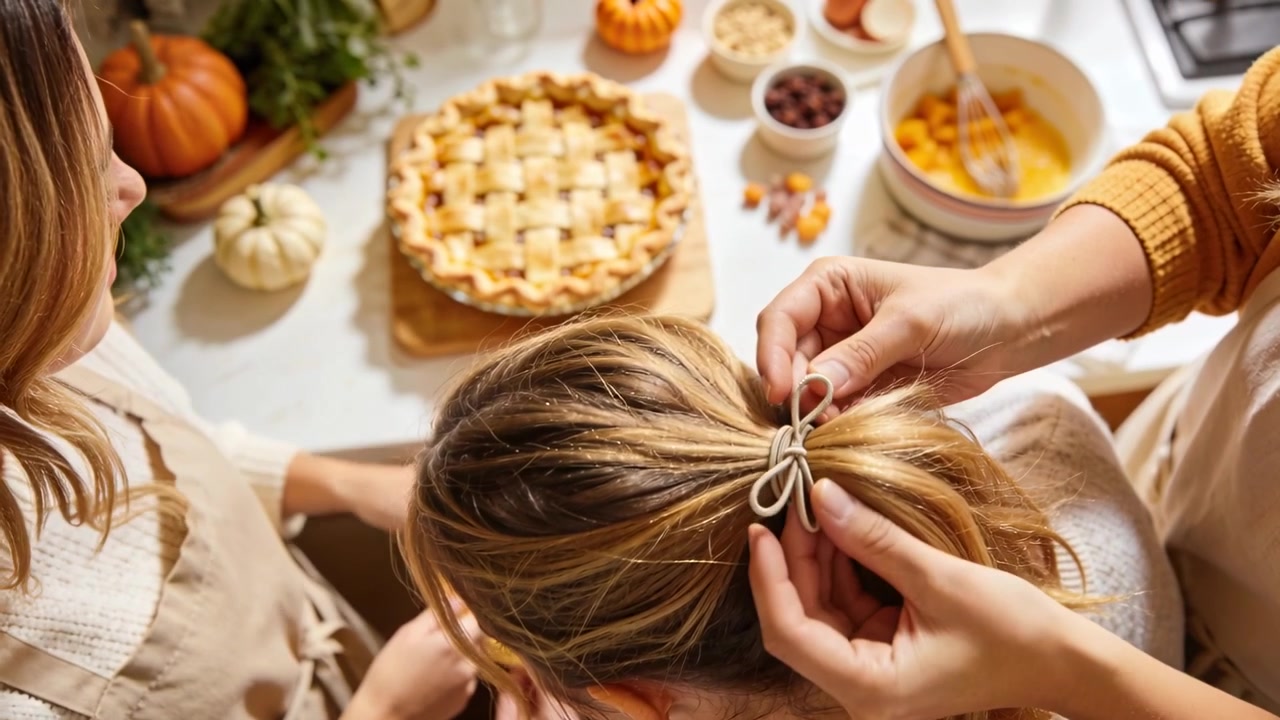Looping elastic, aproned woman securing seated hair into bow for baking at countertop, lattice pie