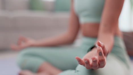 yoga, meditation and hands of woman in lotus pose