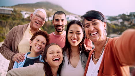 Strand,-Selfie-Und-Gesicht-Einer-Großen-Familie-Mit-Lächeln