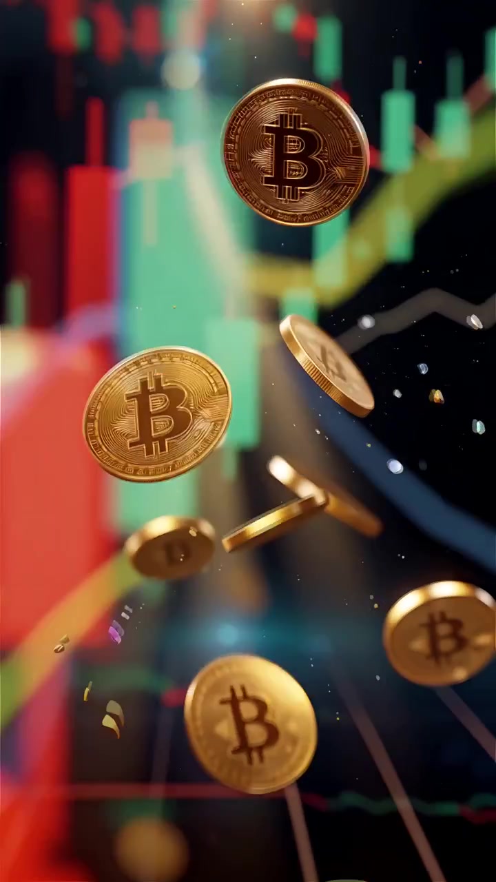 Monete Bitcoin dorate con sfondo sfocato di grafico a candele 4K.