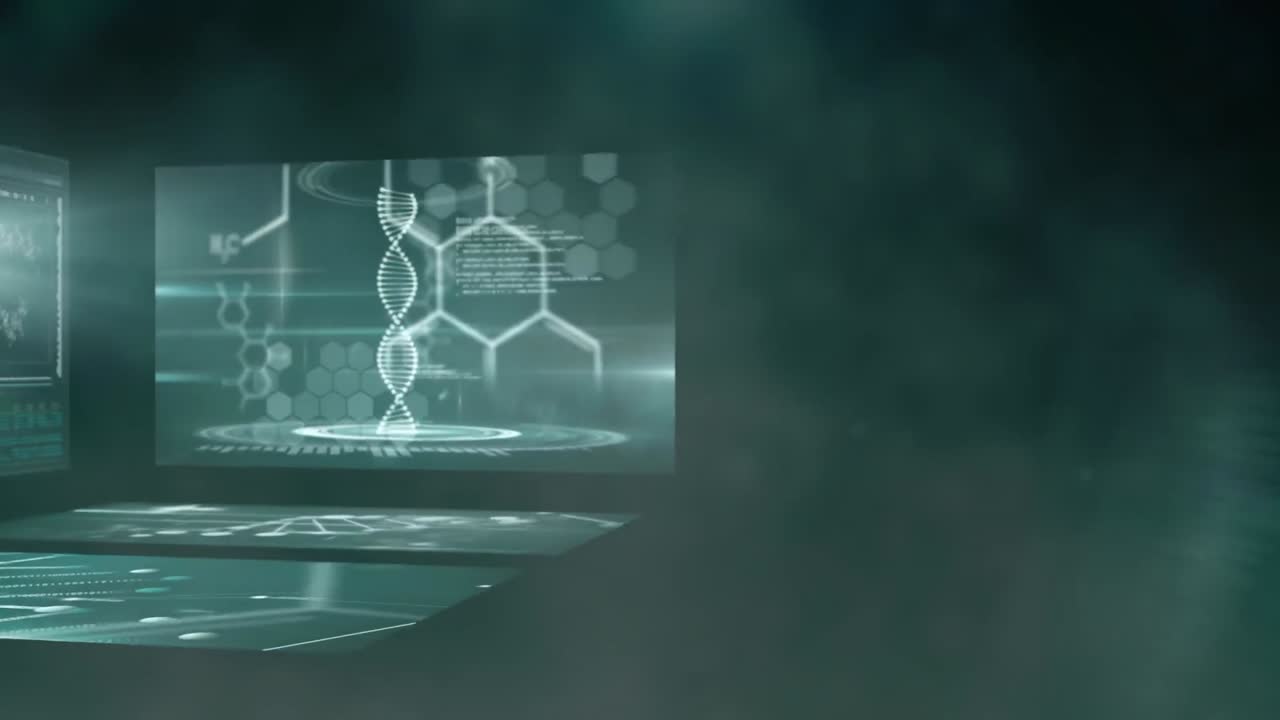 발광하는 빛의 점과 의료 데이터 처리의 디지털로 생성된 비디오