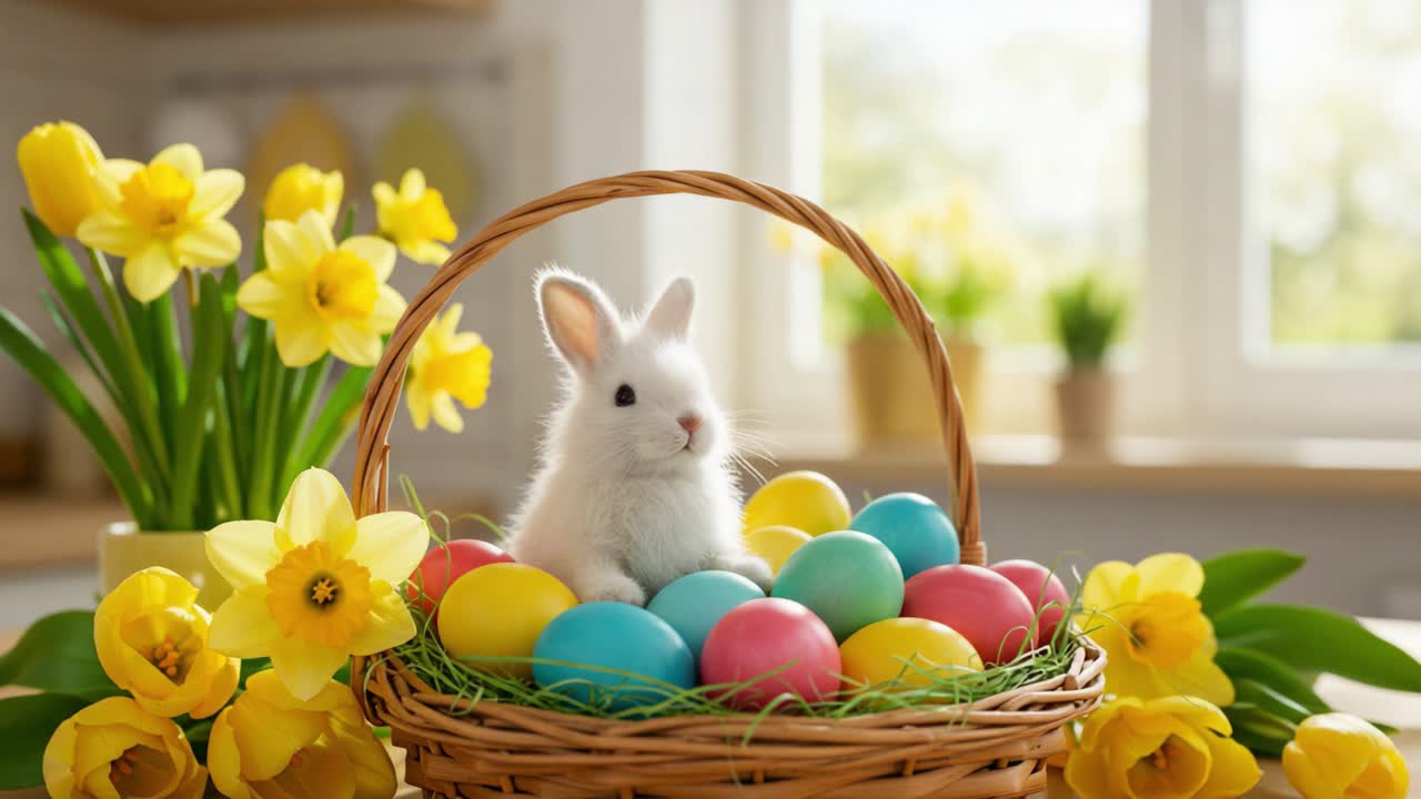 A Charming Spring Scene Featuring a Playful Bunny Nestled Among Colorful Easter Eggs Surrounded by Vibrant Yellow Daffodils in a Sunlit Kitchen