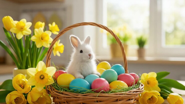 A Charming Spring Scene Featuring a Playful Bunny Nestled Among Colorful Easter Eggs Surrounded by Vibrant Yellow Daffodils in a Sunlit Kitchen