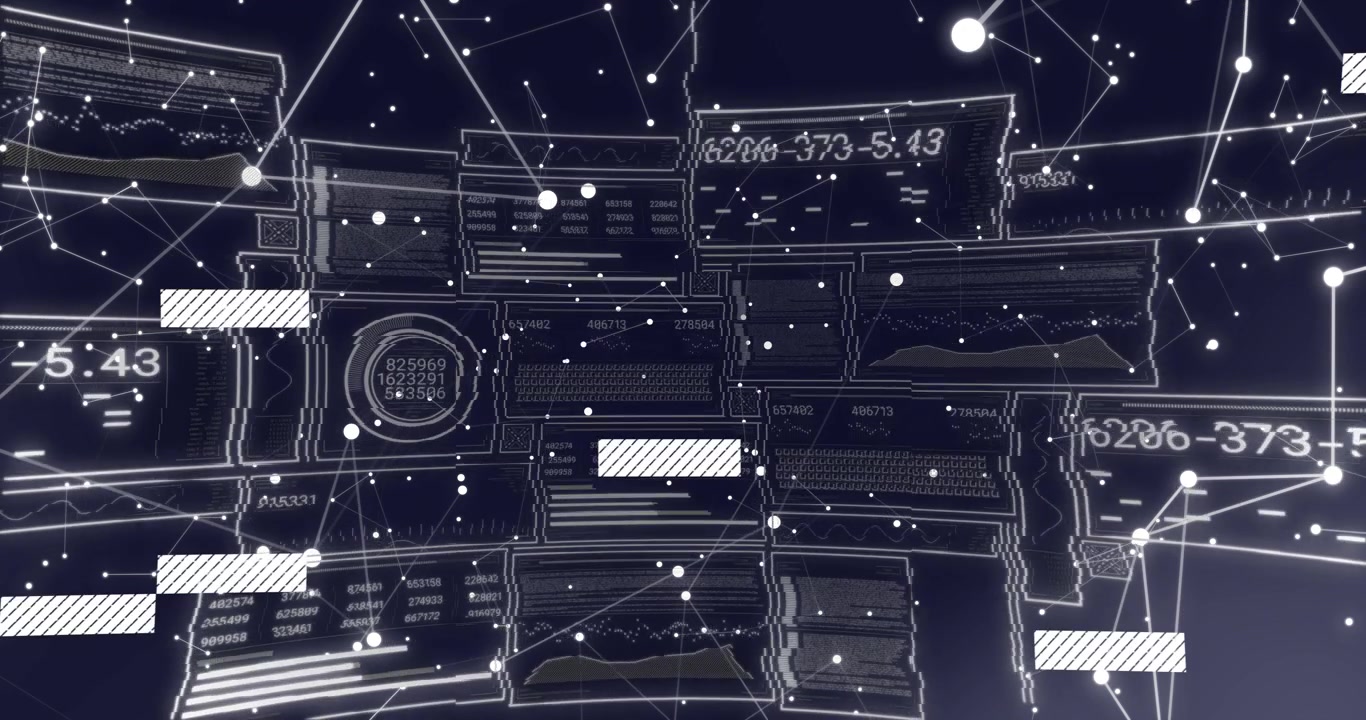 Abstract Digital Data Interface with Glitch Effects and Network Connections