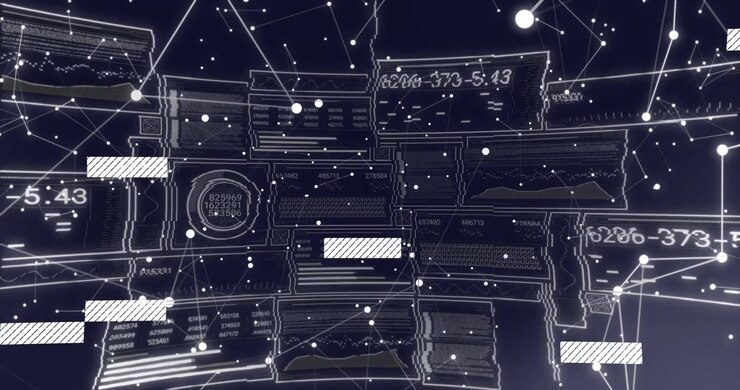 Abstract Digital Data Interface with Glitch Effects and Network Connections