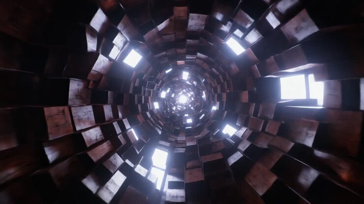 Volando a través de un túnel abstracto futurista de bloques giratorios