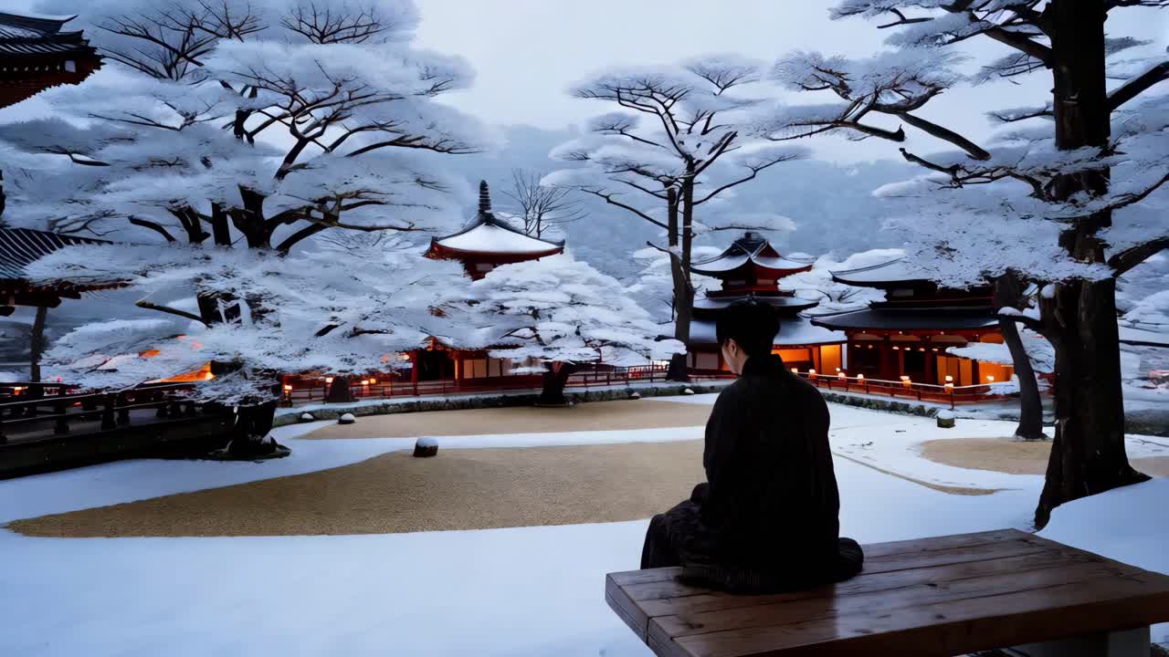 mujer meditando en un jardín de templo japonés cubierto de nieve