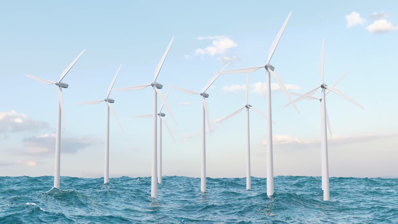 several wind turbines in the sea. 3D animation render