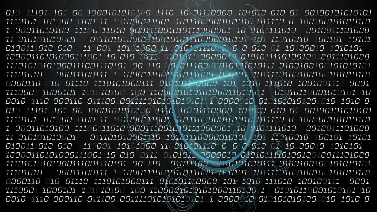 Shield morphing into cyan HUD, forming rings, streaming binary, revealing fingerprint guarding data