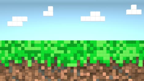 video game geometric mosaic waves pattern. construction of hills landscape using brown and green grass blocks, blue sky and clouds. pixel background. 3d animation loop of 4k