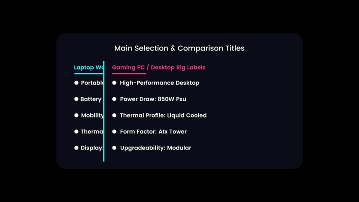 Laptop and gaming PC comparison workstation selection menu animation with hardware performance metrics