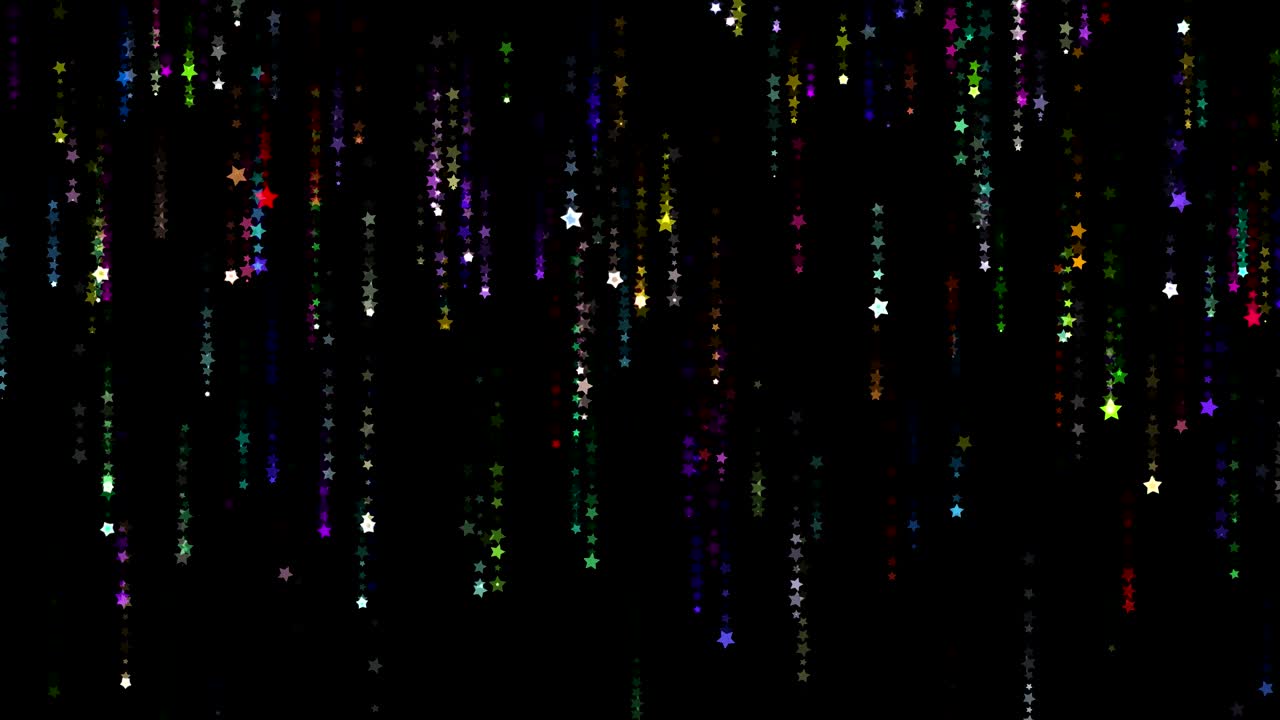 Abstract background. Motion Graphic of Twinkling, glittering, colorful, star shape particles falling down with matrix effect on black background
