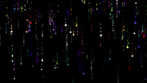 Abstract background. Motion Graphic of Twinkling, glittering, colorful, star shape particles falling down with matrix effect on black background
