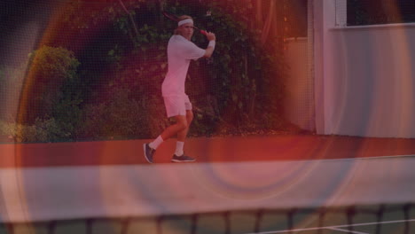 male tennis player swinging racket on court, showing animated sports analytics line and lens flares