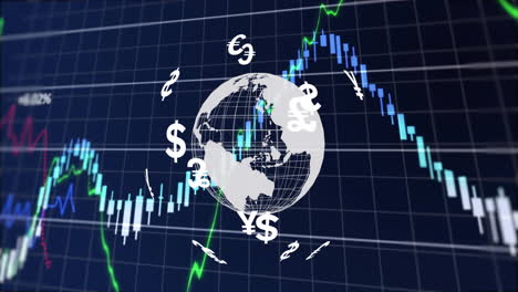 global currency symbols animation over fluctuating financial stock market graph