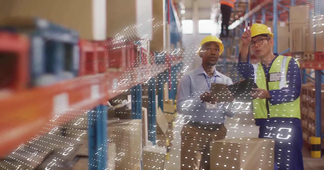 Warehouse staff speaking and scanning devices while binary grid mapping racks for inventory audit