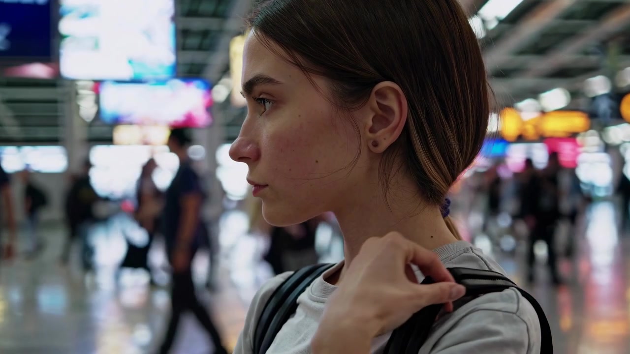 Young Woman Standing in Busy Airport Terminal