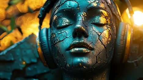 a statue of a woman with headphones on her head