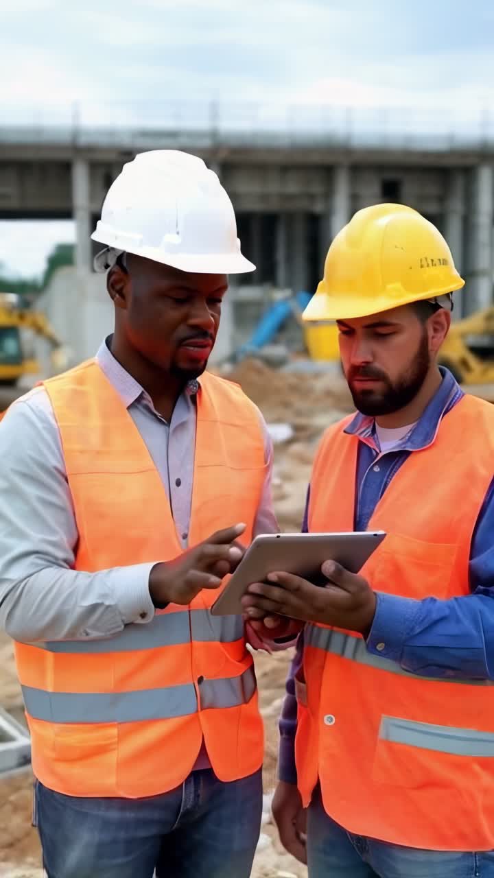 Construction Workers Discussing Project on Tablet
