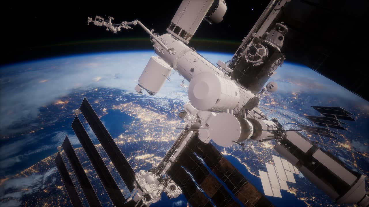 una vista de la tierra y una nave espacial. iss está orbitando la tierra