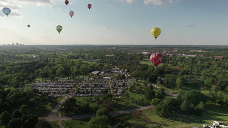 fleet of hot air balloons gracefully floating over forest park, st