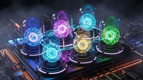 a captivating visualization of connected energy spheres within high-tech domes, utilizing advanced circuitry and illuminated colors to depict dynamic interaction
