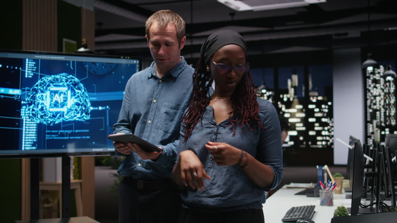 Diverse Colleagues Discussing AI Brain Concept on Digital Screen in Office