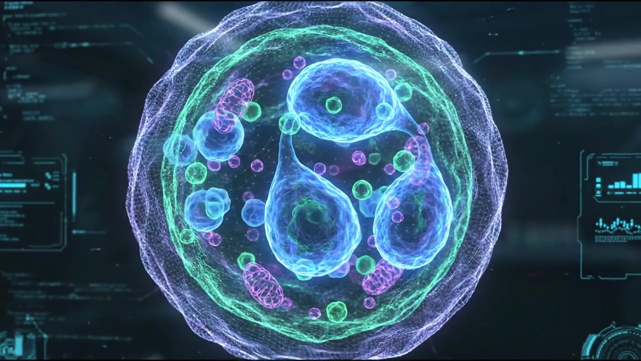 Ologramma di nucleo luminoso in membrana microscopica di singola cellula