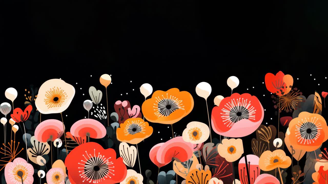 Livlig blomsterillustrasjon med et utvalg fargerike blomster mot en svart bakgrunn