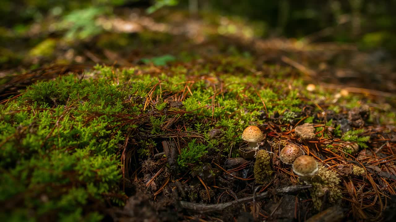Inquadratura dal basso che rivela le texture del muschio sul suolo della foresta, mostrando funghi e aghi di pino