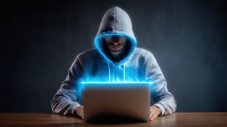 Una figura misteriosa con una felpa con cappuccio, intenta a usare un laptop, emana un’aura enigmatica, circondata da un bagliore blu etereo che simboleggia l’intrigo digitale e la sicurezza informatica
