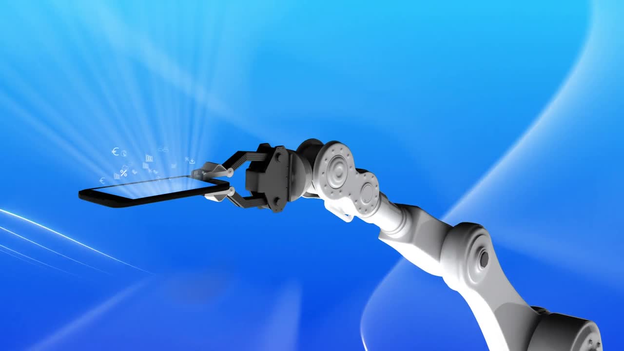 파란색 배경 에 스마트폰 을 들고 있는 로 ⁇  팔