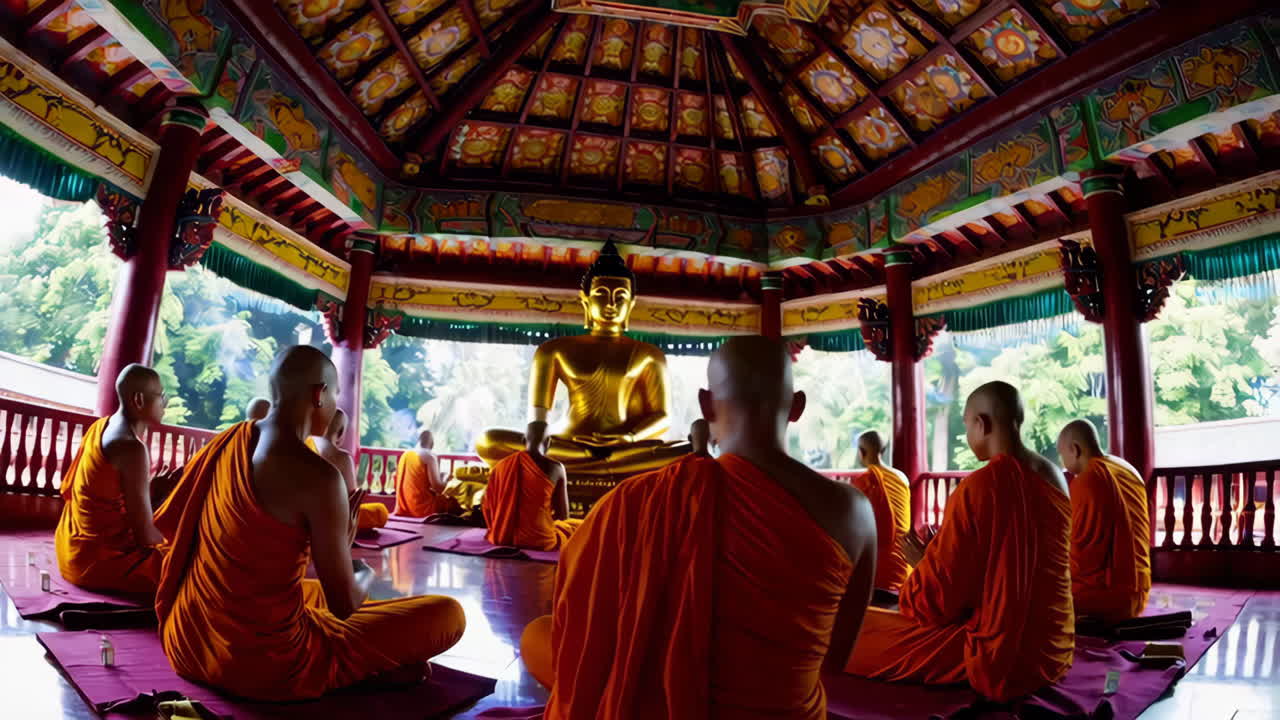 Buddhist Monks in Meditation at a Temple