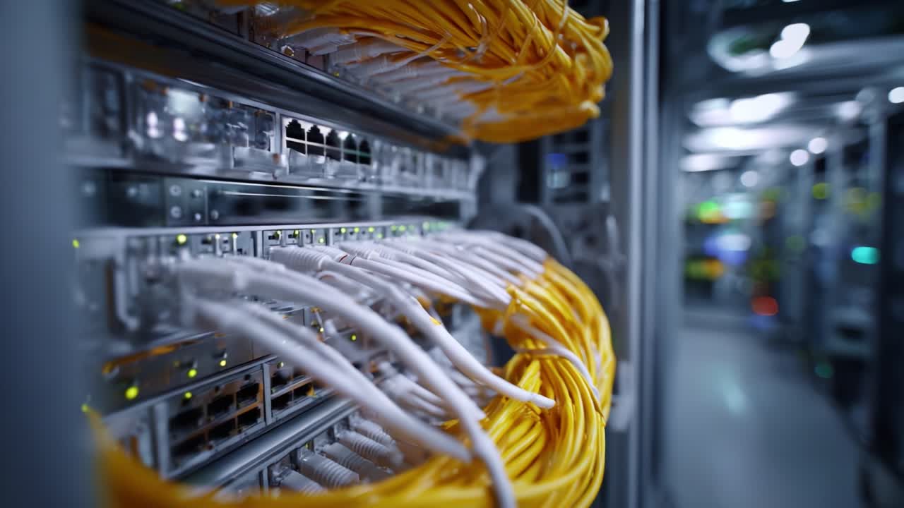 Exploring Network Connections: Close-Up of Fiber Optic Cables in an Advanced Data Center with Yellow and White Ethernet Wires Illuminating Connections