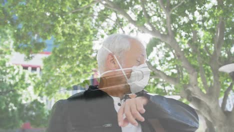 animation of syringe spinning over senior man wearing face mask