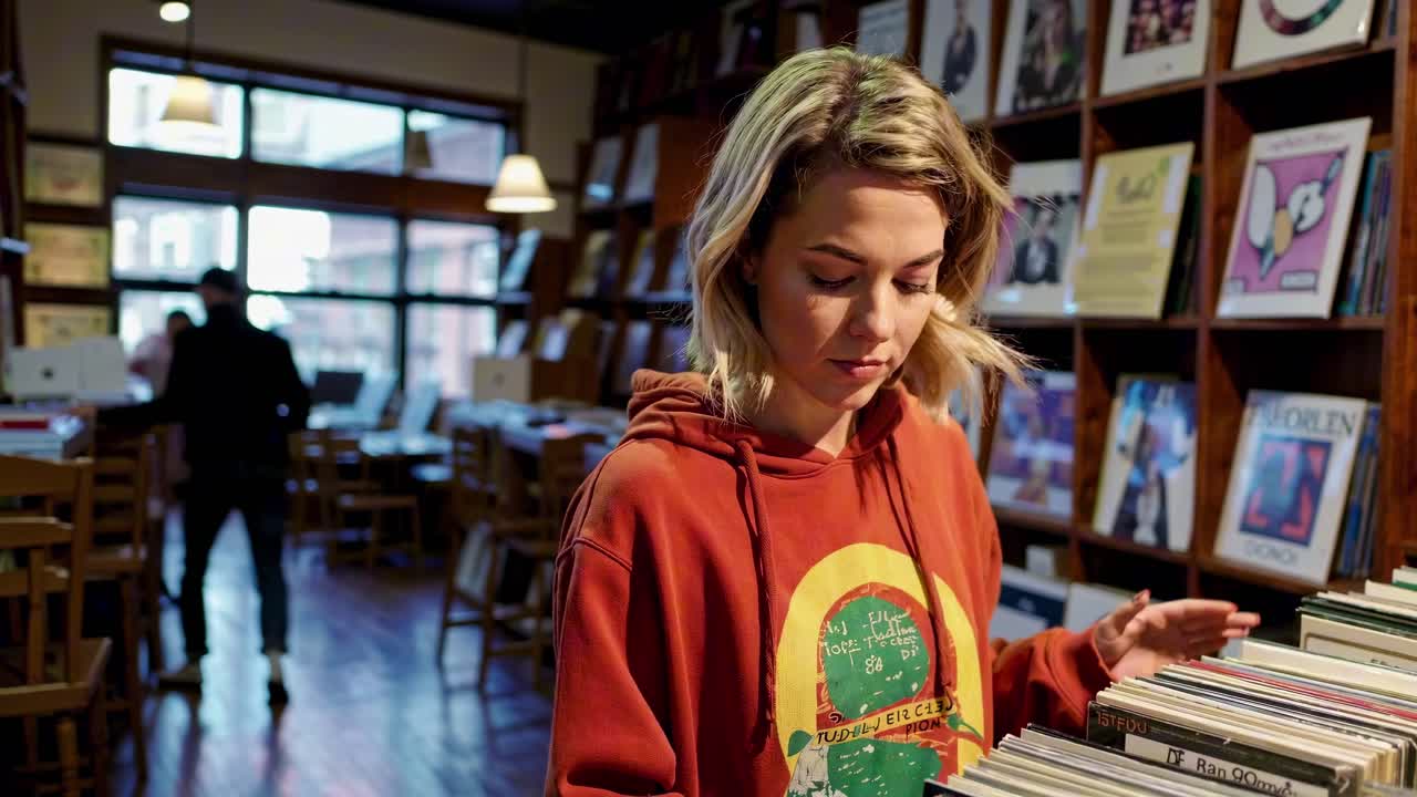A candid video shot in a cozy record store, featuring a woman browsing vinyls