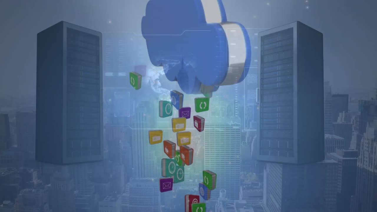 디지털 클라우드, 서버,  ⁇ 드 오버 테크 아이콘 및 도시 풍경의 애니메이션