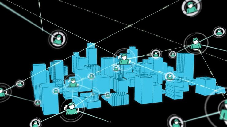 Animation of network of connections with icons over 3d city drawing on black background