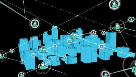 animation of network of connections with icons over 3d city drawing on black background