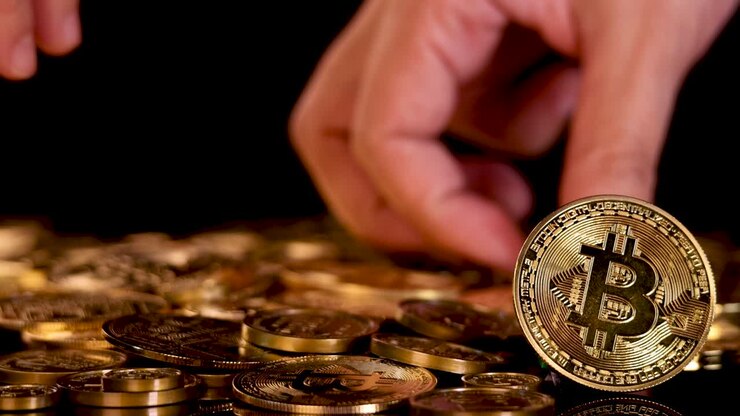 Una mano umana muove e impila monete di valuta digitale dorate sotto luci da studio intense, vista ravvicinata