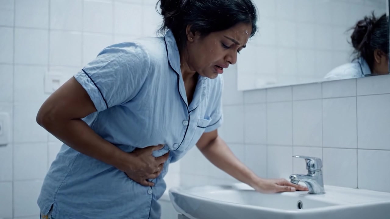 A woman in distress grips her abdomen in a bathroom, struggling with pain as she leans against the sink in a moment of emotional and physical turmoil.