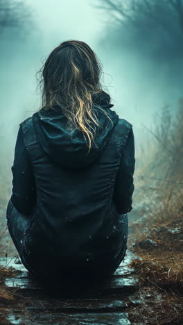 young woman sitting alone on a misty path in a woodland area