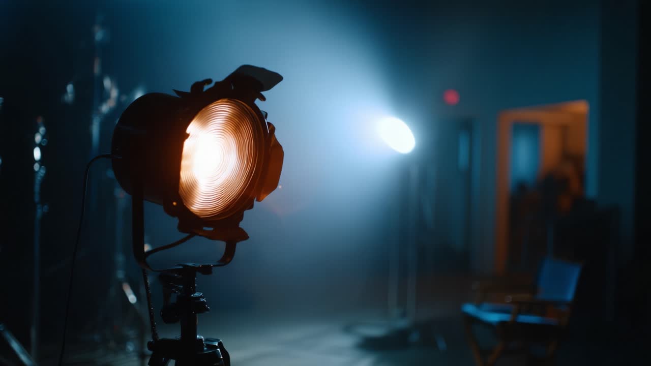 Osvětlená filmová sada se studiovými světly vrhajícími dynamické stíny v kreativním pracovním prostoru, zlepšující atmosféru pro produkci a umělecké vyjádření