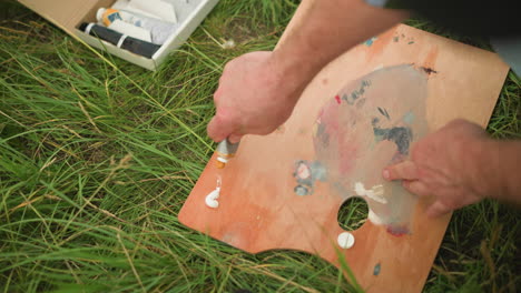 a close-up shot of an artist's hand squeezing paint onto a wooden palette, resting on the grass. an outdoor painting session, highlighting the connection between art and nature